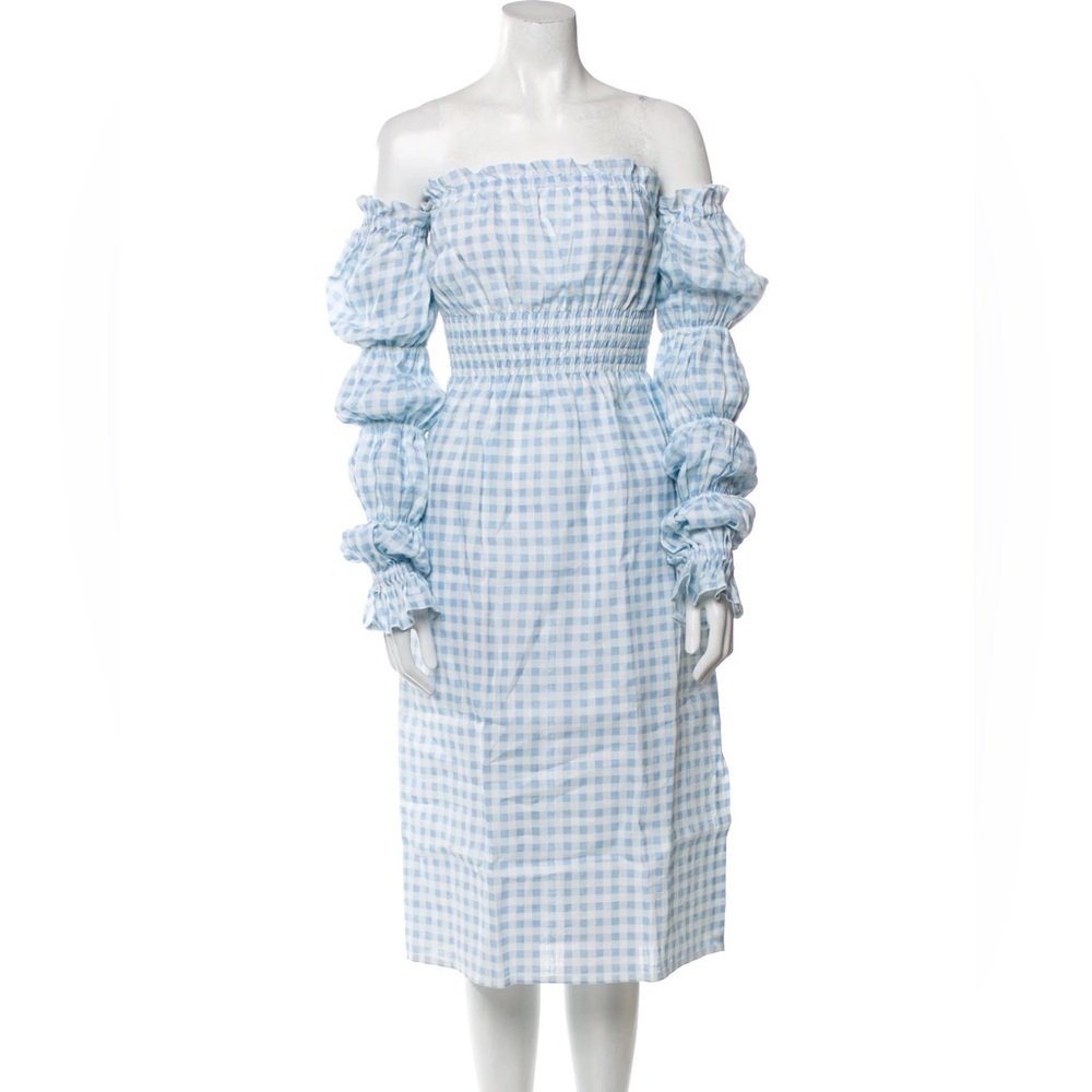 Sleeper Michelin Dress Blue Vichy Gingham Linen 
L Puff Sleeve Midi Sold Out EUC